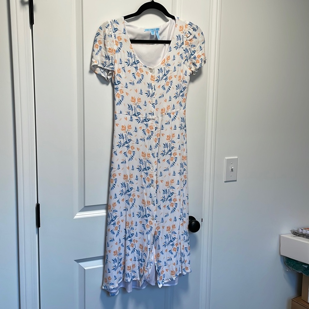 Draper James White Bird Floral Printed Button Down Midi Dress Size 2
